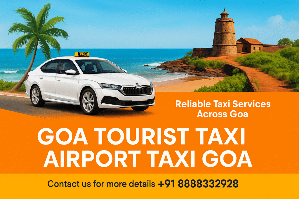 White Skoda taxi parked on a scenic coastal road near Aguada Fort, surrounded by lush greenery.