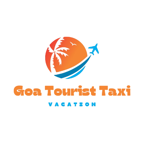 Logo of 'Goa Tourist Taxi VACATION' featuring a circular emblem with sunset, ocean waves, palm tree, bird, and airplane motifs.
