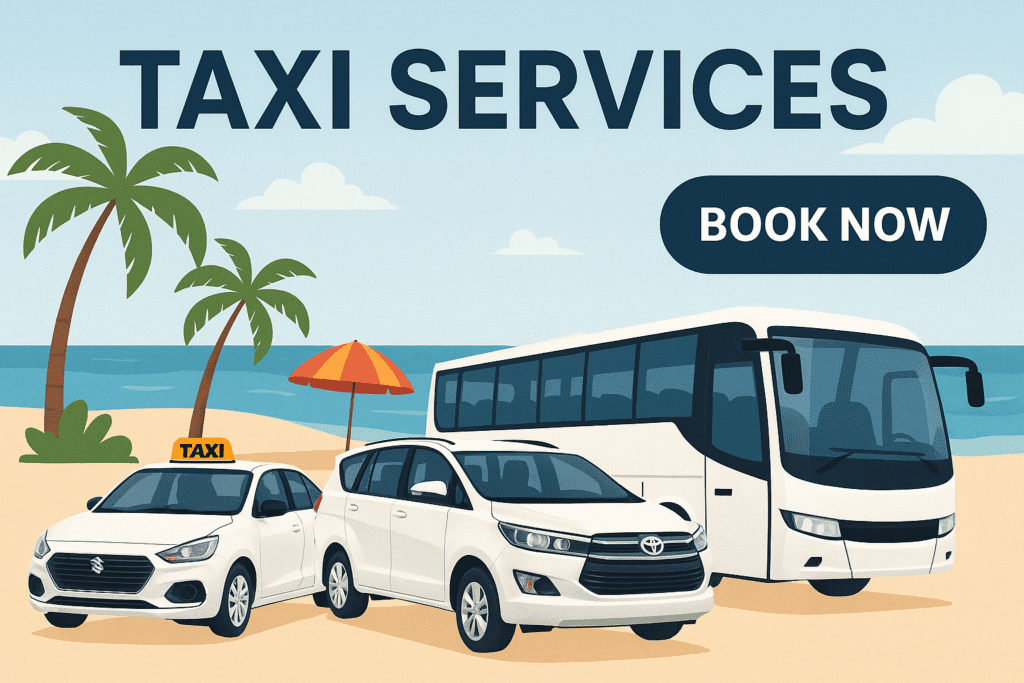 Sedan car, SUV, and bus on beach with "Book Now" button - Best Taxi Services in Goa